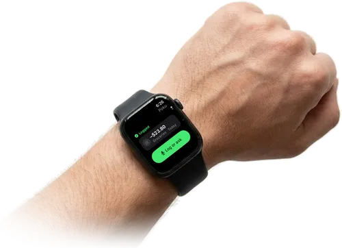 A wrist wearing an Apple Watch with Poku showing Logged, minus $23.80 for groceries